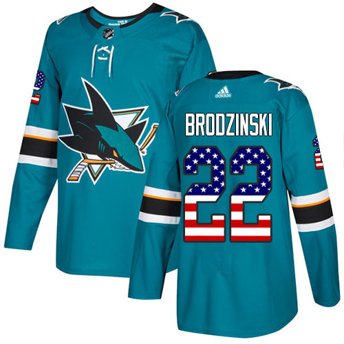 Adidas San Jose Sharks 22 Jonny Brodzinski Teal Home Authentic USA Flag Stitched Youth NHL Jersey